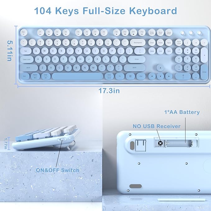 Colorful Wireless Keyboard and Mouse Combo COVEVA 2.4GHz Wireless Retro Cute Round Keycaps Keyboard 104 Keys Full-Sized Keyboard Mouse Set with Switch Button for PC Laptop Desktop (Blue Gradient)