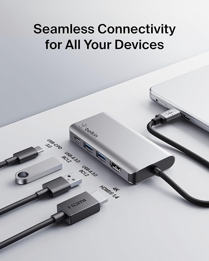 Belkin USB C Hub 4-in-1 Multi-Port Laptop Dock with 4K HDMI USB C Docking Station with 100 Watt Pass-Through Power Delivery 2 X USB A Ports For MacBook Pro Air iPad Pro Chromebook and More