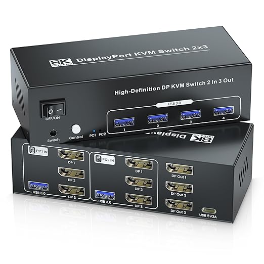 8K60Hz 4K120Hz Displayport KVM Switch 3 Monitors 2 Computers USB 3.0 DP KVM Switch for 2 Computers Share 1 Set of Keyboard Mouse Printer and 3 Monitors 4 Port USB 3.0 for Peripheral Sharing