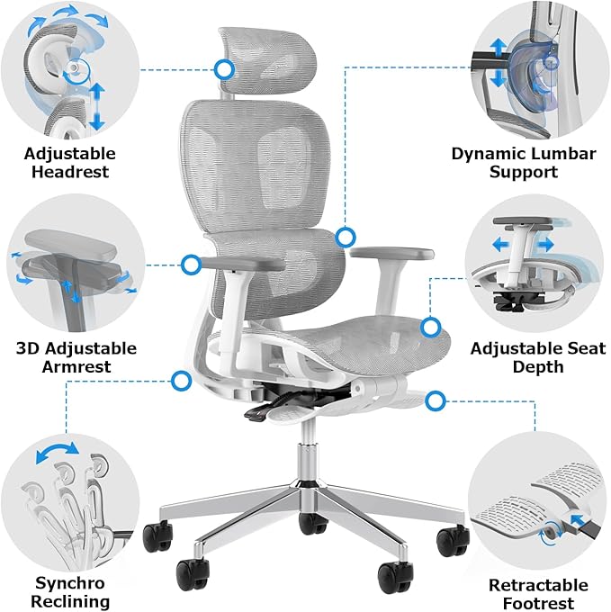 PatioMage Ergonomic Office Chair Big and Tall Desk Chair with Adjustable Lumbar Support &amp Seat Depth High Back Computer Chair Swivel Mesh Chairs with Wheels for Home Office White