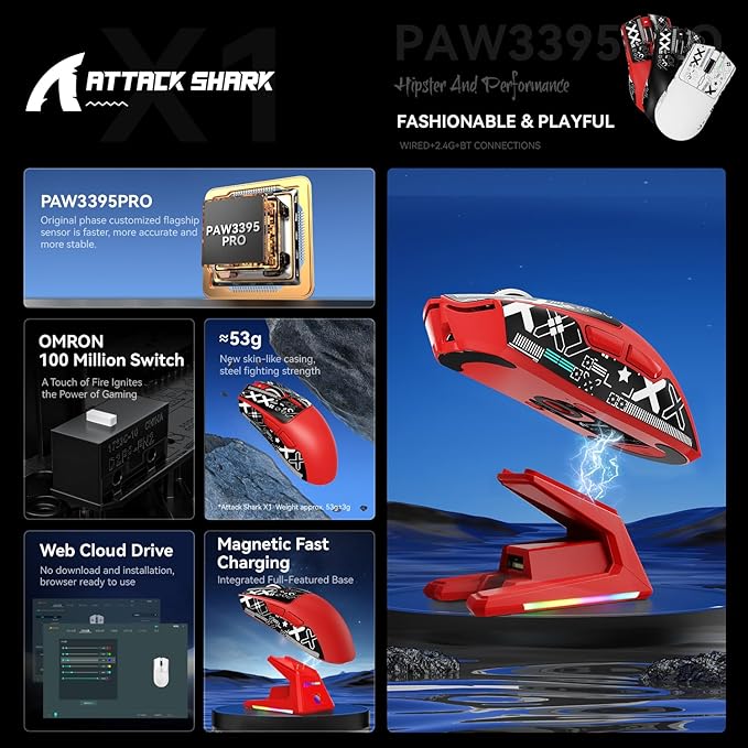 X1 Superlight Wireless Gaming Mouse with RGB Magnetic Charging Dock BT/2.4G Wireless/Wired Gaming Mouse PAW3395PRO Gaming Sensor 40000DPI Tape 53g Office Mice for PC/Mac/Win/Xbox (Red)