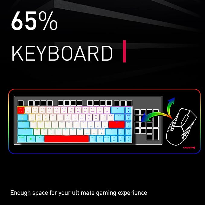 Cherry MX-LP 2.1 Compact Wireless Gaming Keyboard. RGB MX Silver Speed Switches. RGB Lighting Low-Profile MX Precision switches. 65% Size. 68 Keys. (Red White &amp Blue)