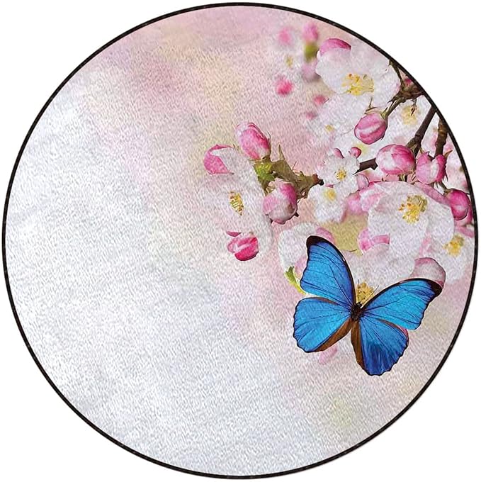 Blue Pastel Pink Gaming Chair Mat Round Floor Mats Blue Butterfly on Spring Cherry Blossoms Office Chair Computer Gaming Desk Mat for Rolling Chair Non-Slip Gaming Rug Modern Diameter 60 in