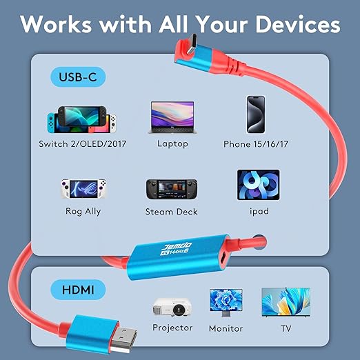 JEMDO Switch 2 Right Angle HDMI Cable Dock Station4K@144Hz 48Gbps USB C to HDMI 2.1 6.6 ft100W PDPortable Travel TV Adapter Cord Compatible with Nintendo Switch 2 (Only Below V21.0.0) /2017/OLED