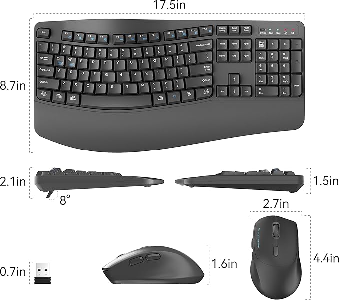 Wireless Keyboard and Mouse Combo2.4G Full Size Wave Keys Ergonomic Keyboard with Wrist Rest for Natural Typing 3 DPI Adjustable Ergonomic Silent Mouse for Computer/Laptop/Windows/Mac (Gray)