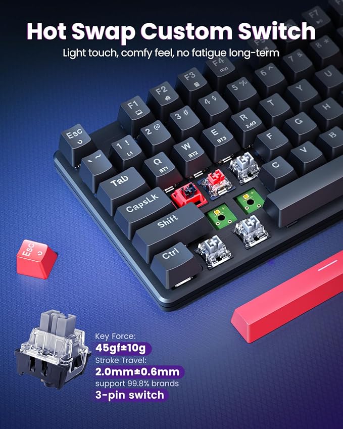 Redragon K671KS Wireless Mechanical Gaming Keyboard Tri Mode BT/2.4G/USB-C Hot Swappable Custom Keyboard RGB Backlit Computer Gaming Keyboards PBT Keycaps Programmable for PC/Tablet/MAC