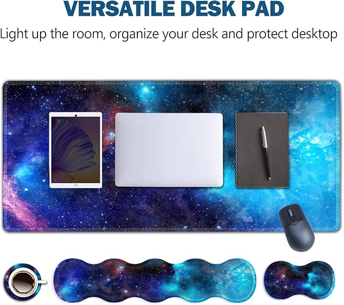 Extended Gaming Mouse Pad Keyboard Wrist Rest Pad Wrist Support Mousepad Set Artso Large Rubber Base Stitched Edges Multifunctional Desk Pad (35 x15.5 in) for Work Office Home Universe Galaxy