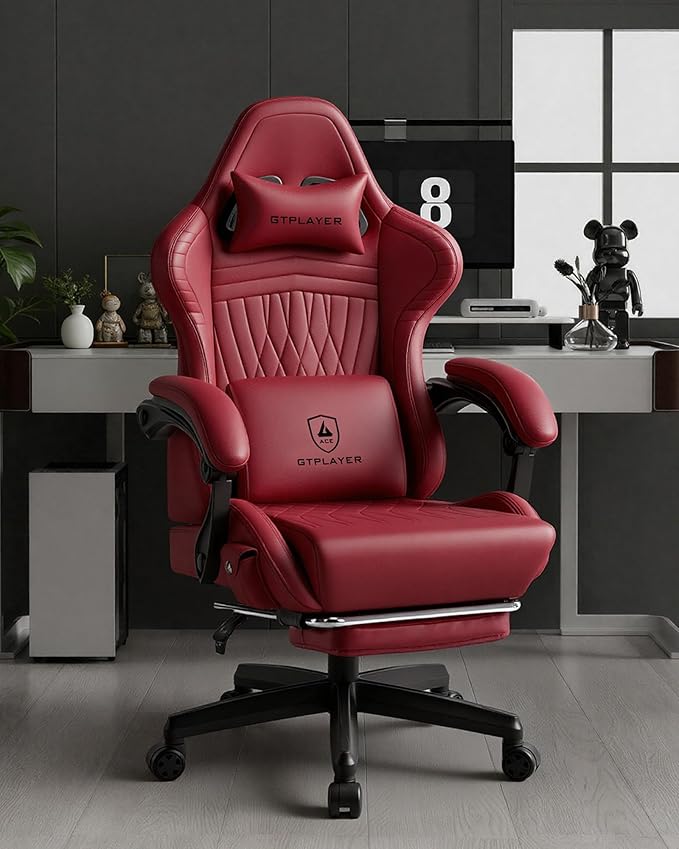 GTPLAYER Gaming Chair for Adults Ergonomic Video Game Chairs Footrest &amp Linkage Armrest Reclining High Back Silla Gamer with Speakers for Home Office Ace Pro Wine Red