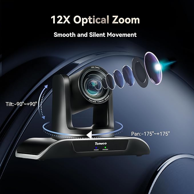 Tenveo 12X Optical Zoom PTZ Conference Camera USB3.0/HDMI 90° Wide View Angle FHD 1080P 60FPS for Video Conferencing Business Meeting Church Services Worship Education Zoom Teams OBS