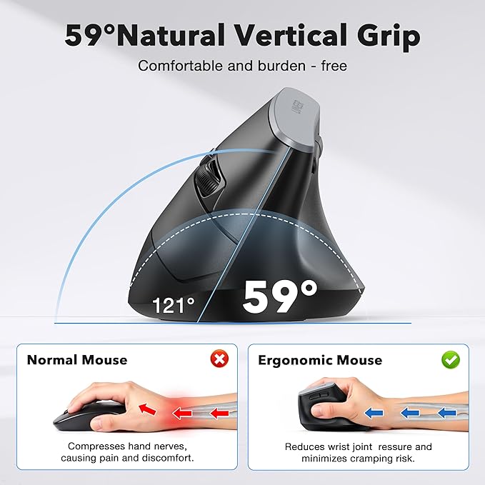 Uineer Vertical Mouse 2.4GHz Ergonomic Wireless Mouse 800/1200/1600/2400 Adjustable Dpi 6 Buttons Battery Powered Mouse for Laptop PC Mac Comfort and Reduced Wrist Strain (Black)