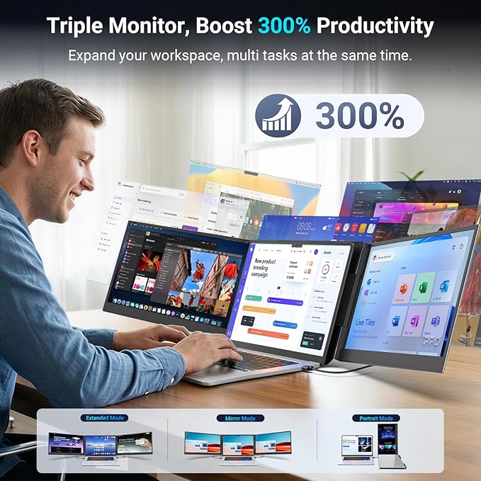 15.6 Laptop Screen Extender 1080P FHD Triple Portable Monitor for Laptops Ultra-Slim Travel Dual Monitor Fit for 13-17.3 Laptops USB-C Plug&ampPlay Extended Screen Compatible with Win/Mac/Androi