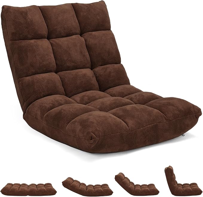 RELAX4LIFE Floor Chair with Back Support - 14-Position Adjustable Lazy Sofa Chair Padded Sleeper Bed &amp Couch Recliner for Reading Meditation Folding Floor Gaming Chair for Adults (Brown)