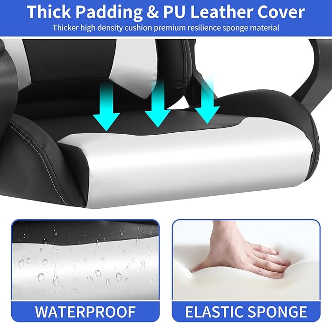 Ergonomic Gaming Chair Home Office Desk Chair with Headrest and Lumbar Support for Adults Height Adjustable Computer Chairs Pu Leather 360° Swivel High-Back White