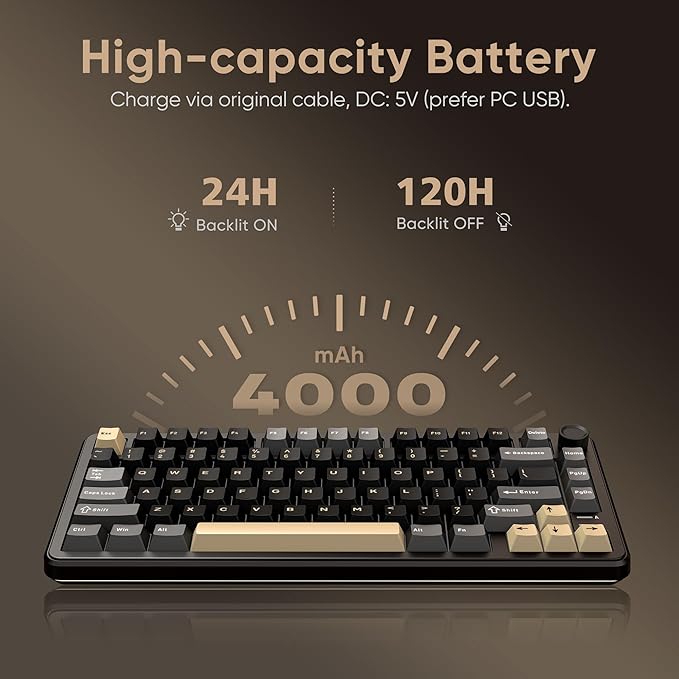 RedThunder K75 Wireless Mechanical Keyboard CNC Knob Tri-Mode BT5.0/2.4GHz/USB-C Hot Swappable Custom Pre-lubed Linear Coconut Switches Gasket Structure RGB Gaming Keyboard Black-Gold