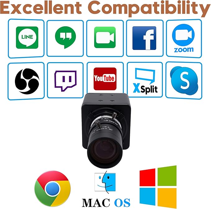 4K USB Camera Manual Zoom Webcam 5-50mm Variable Focus PC Camera for Computer Mini UVC USB2.0 Web Camera IMX317 Varifocal USB with Camera Industrial Video Close-up Camera for Laptop Android Mac