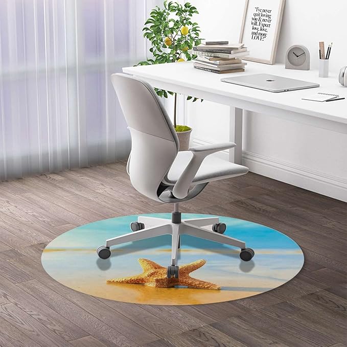 Yellow Blue PU Leather Computer Chair Mat for Rolling Chair Fish Scallop Seashell Earth Under Desk Low-Pile Office Rug Large Anti-Slip Multi-Purpose Nautical Theme Diameter 47.2 in