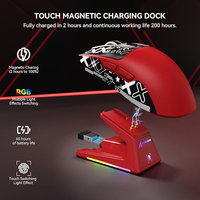 X1 Superlight Wireless Gaming Mouse with RGB Magnetic Charging Dock BT/2.4G Wireless/Wired Gaming Mouse PAW3395PRO Gaming Sensor 40000DPI Tape 53g Office Mice for PC/Mac/Win/Xbox (Red)