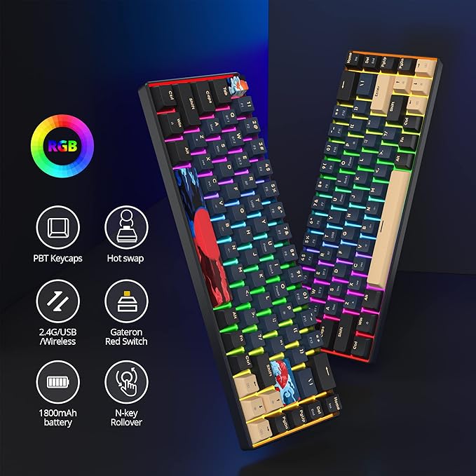 surmen GT68 65% Wireless Mechanical Gaming Keyboard 60 Percent RGB Hot-Swappable 68-Key Compact Keyboard Bluetooth5.0/2.4G/USB with Yellow Switch (Yellow Switch Blue Samurai 68)
