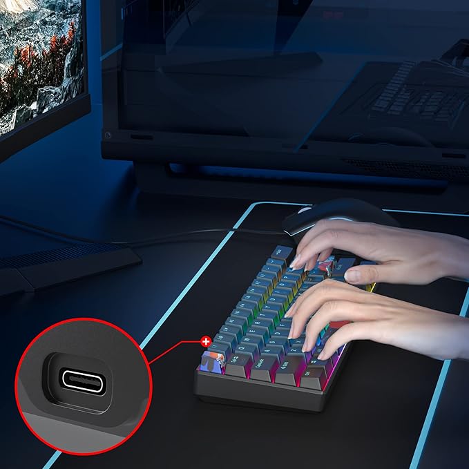 60% Mechanical Gaming Keyboard - RGB Red Switch Wired Compact 61 Keys for Windows PS4/5 Xbox