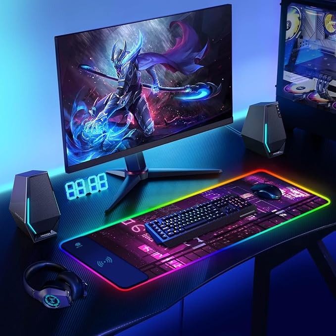 ToLuLu RGB Gaming Wireless Charging Mouse Pad 15W 10 Light Modes LED Mouse Pad Computer Keyboard Mat Mousepad 800x300x4MM Extended Large Desk Mat for Gaming MacBook Laptop PC Neon Purple Sign