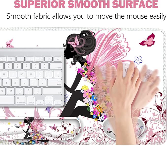 ARTSO Extended Gaming Mouse Pad Set Keyboard Wrist Rest Support Pad + Wrist Cushion + XXL Large Mouse Pad + Coaster Stitched Edge Non-Slip Memory Foam Desk Mat Pink Butterfly Girl