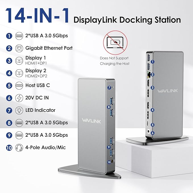 DisplayLink Docking Station Dual MonitorWAVLINK 14-in-1 USB-C/A Laptop Dock with 2x5K HDMI2x5K DP1000Mbps Ethernet6 USB 3.0Audio&ampMicfor New MacBook Neo M1/M2/IntelDellHPSurface Pro