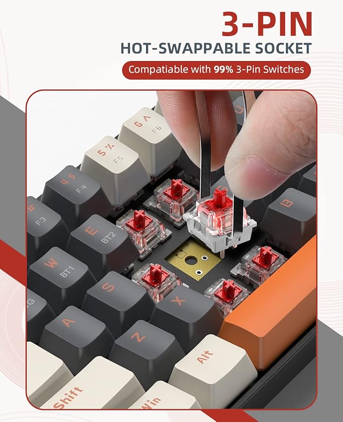 ZIYOU LANG RK68 60% Wireless Mechanical Keyboard Bluetooth 5.0/2.4Ghz Dual Mode 2-in-1 USB-C Receiver Mini Mechanical Keyboard Hot Swappable Red Switch Gaming Keyboard for PC/MAC/Laptops