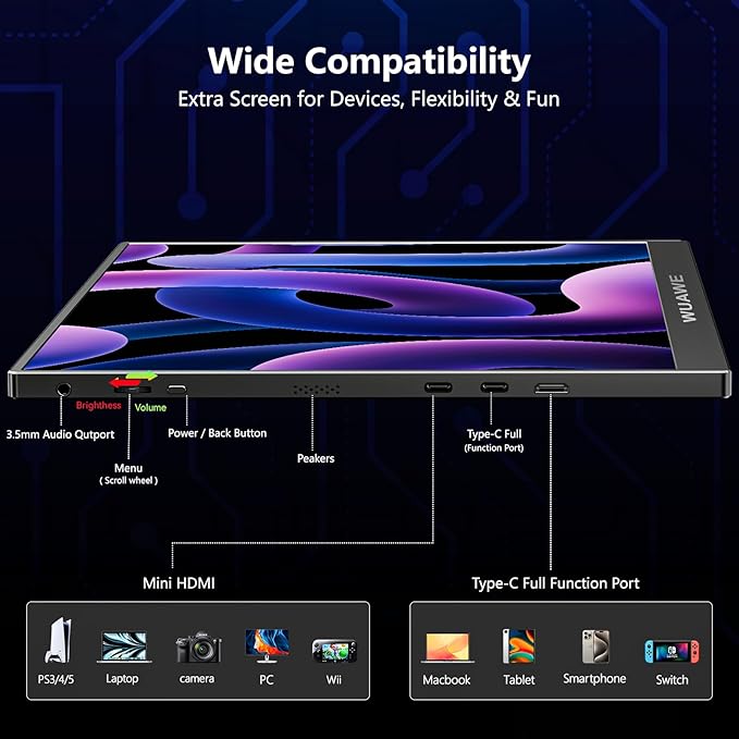 WUAWE Portable Monitor 16 1920x1200P 16:10 IPS Travel Monitor for Laptop with Built-in Stand 100% sRGB Control USB-C HDMIHDR Freesync Display Plug&ampPlay for Phone PS5 Switch(Black)