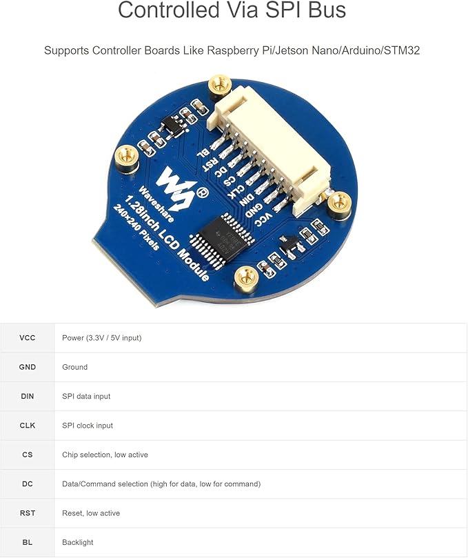 waveshare 1.28 inch Round LCD Display for Arduino/Jetson Nano/Raspberry Pi/STM32 240×240 IPS Screen Monitor 65K RGB Colors Using SPI Bus Embedded GC9A01 Driver