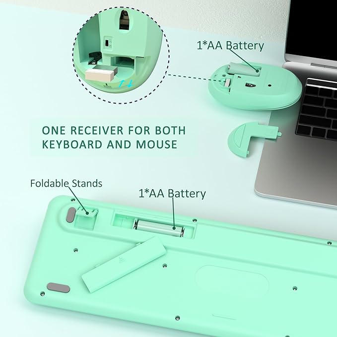 Colorful Wireless Keyboard and Mouse Combo COVEVA 2.4GHz Wireless Retro Cute Round Keycaps Keyboard 104 Keys Full-Sized Keyboard Mouse Set with Switch Button for PC Laptop Desktop (Green Colorful)