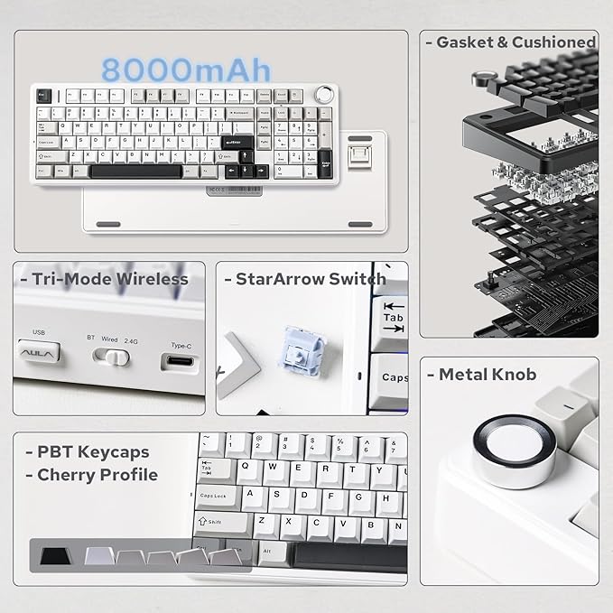 EPOMAKER X Aula F99 PRO Wireless Gaming Keyboard with 8000mAh Battery Hot Swappable Creamy Keyboard 2.4GHz/Type-C/BT5.0 NKRO RGB Backlit for Win/Mac/Gaming (Black&ampGrey&ampWhite)