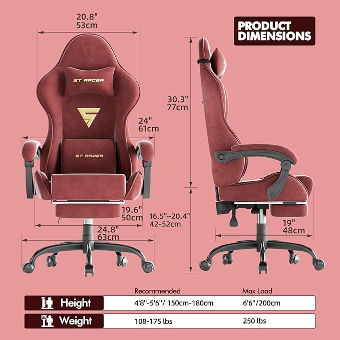 Soontrans Ergonomic Velvet Fabric Gaming Chair with Footrest Comfortable Video Gamer Chair for Adult Reclining Ergonomic Office Computer Desk Game Chairs with Massage Lumbar CushionHeadrest