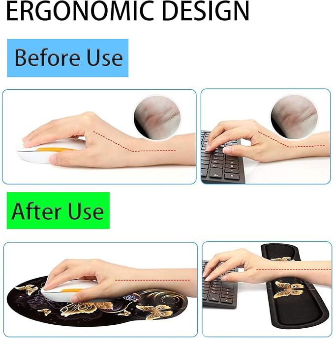 Keyboard Wrist Rest and Mouse Pad Wrist Support Set with Coffee Coaster Non-Slip PU Base for Gaming and Office Comfortable &amp Lightweight for Easy Typing &amp Pain ReliefGold Butterfly