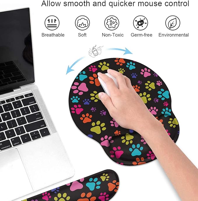 Keyboard Wrist Rest and Mouse Pad Wrist Rest Support Set with Coasters Non-Slip PU Base for Gaming and Office Comfortable &amp Lightweight for Easy Typing &amp Pain Relief - Colorful Dog Paw Print
