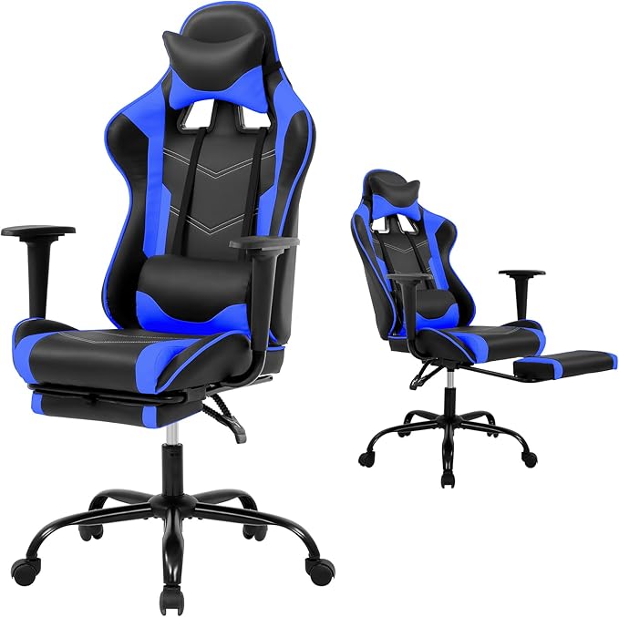Gaming Chair with Footrest Reclining Video Game Chairs for Adults with Lumbar Support Headrest High-Back Home Office Computer Desk Chair PU Black-Blue