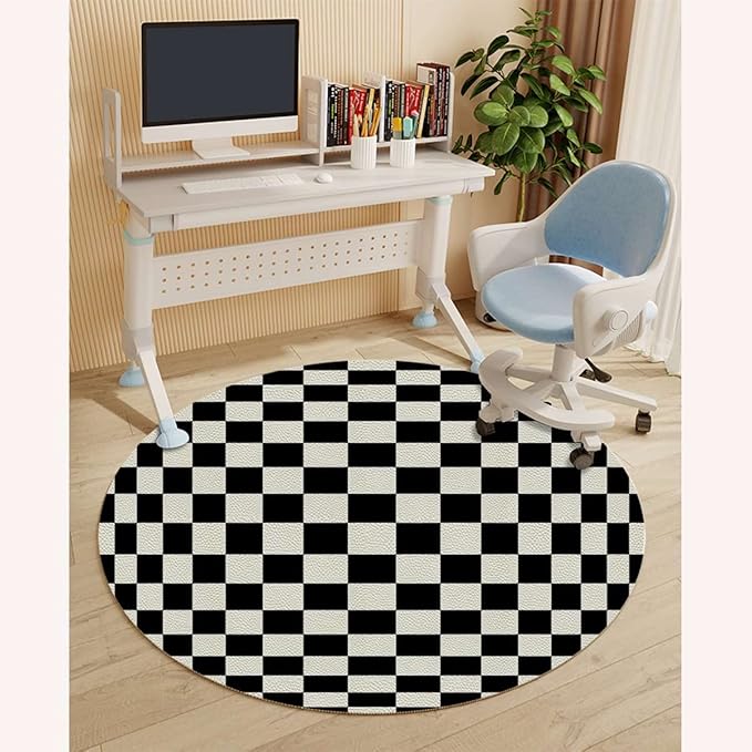 White Charcoal PU Leather Office Chair Mat for Hardwood Floor Checkers Game Geometric Grid Style Computer Chair Matfor Rolling ChairLarge Floor Protector Checkered Diameter 35.4 in