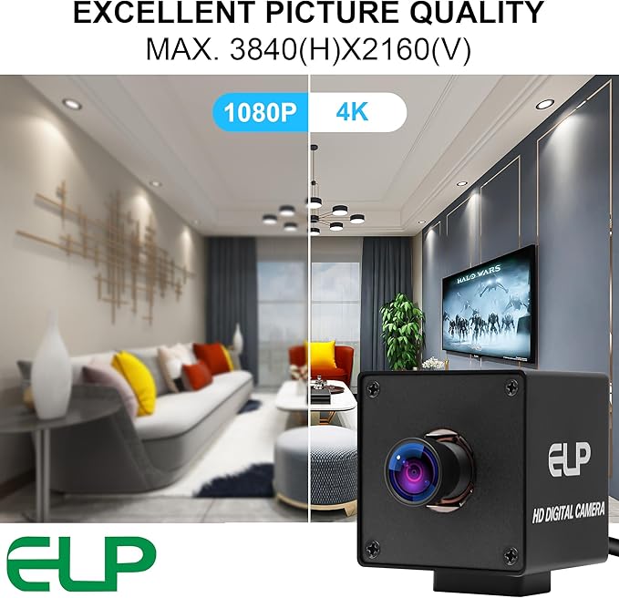 ELP 4K USB Camera with Microphone for Computer and Raspberr pi Mini UVC USB2.0 Webcam IMX415 USB with Camera 2160P Audio Video Lightburn Camera PC Laptop USB Camera (100degree no Distortion Lens)