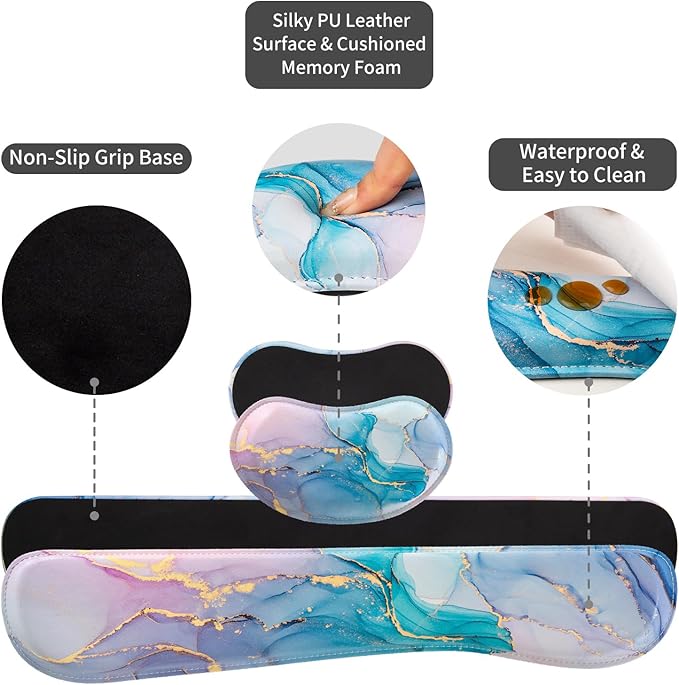 QIYI Leather Desk Mat Set 4-in-1 Large Mouse Pad with Wrist Rest Non-Slip Desk Pad + Keyboard Wrist Rest + Mouse Wrist Support + Coaster Office Desk Accessories Home Decor Supplies Blue Pink Fluid