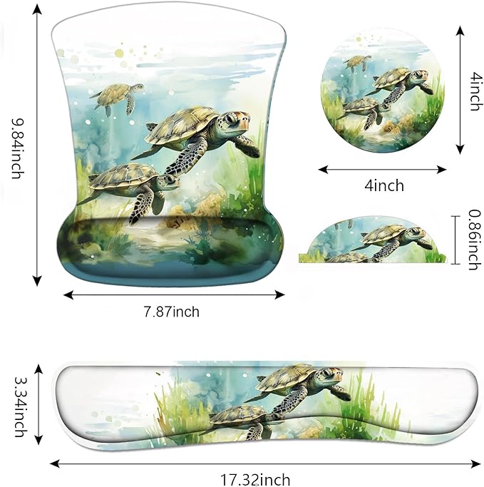 Keyboard Wrist Rest and Mouse Pad Wrist Support Set with Coasters Non-Slip PU Base Ergonomic Gaming Mousepad for Home Office Working Studying Easy Typing &amp Pain Relief Sea Turtle