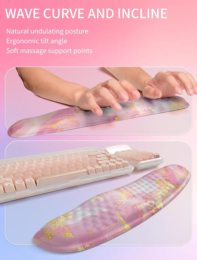 Hokafenle 2in1 Combination Wave Keyboard Wrist Rest and Ergonomic Curvature Mouse Pad Wrist Support for Relieve Wrist Pain Filled with Soft Cushion Memory Foam Golden Pink Marble