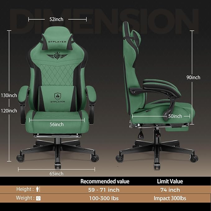 GTPLAYER Gaming Chair with Footrest Big and Tall Game Chair High Back Computer Office Chair with Lumbar Support for Adults Ergonomic Swivel Games Chair with Cushion Gaming Fabric Green