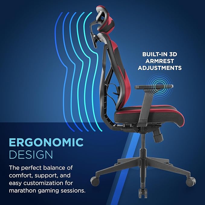 Tempur-Pedic Blaze Auto-Adaptive Ergonomic Gaming Chair with Lumbar Support and 3D Armrest Adjustment Cooling Racing Style Gaming Chair Red
