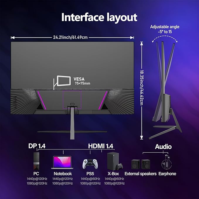 Gawfolk Gaming Monitor 27 inch QHD IPS PC Screen 120Hz 2K (2560×1440P) Ultra-Thin Zero Frame Computer Display for Home Office Business DP HDMI Wall-Mounted