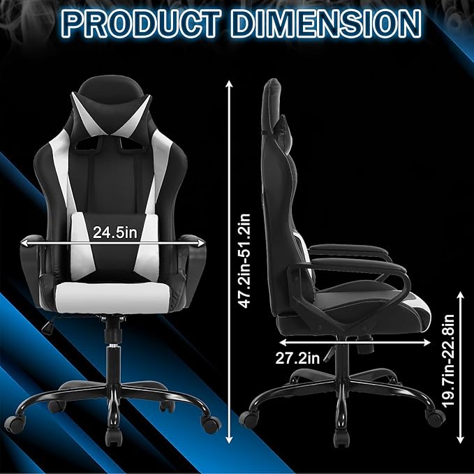 Gaming Chair Computer Gamer Racing Chair High Back Video Game Chair Leather Gaming Chair Ergonomic Adjustable Swivel Racing Chair with Headrest and Lumbar Supportfor Back Pain WomenMenWhite