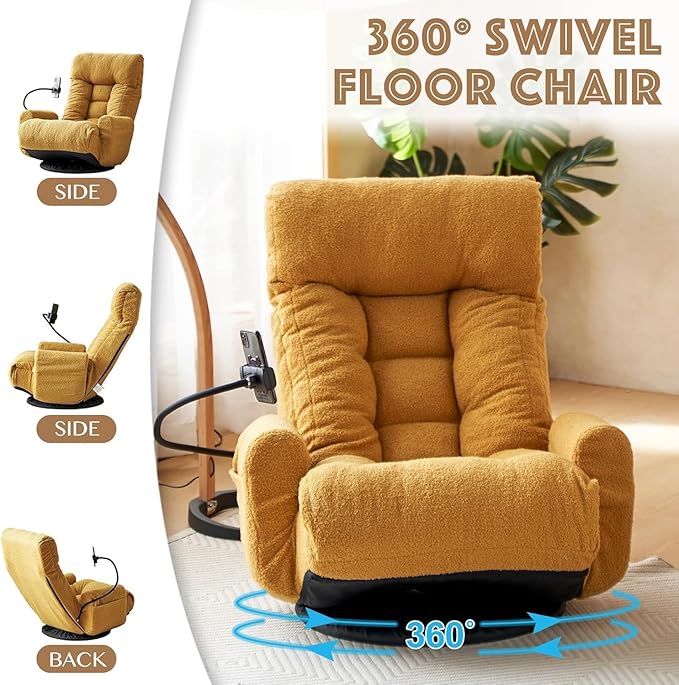 360 Swivel Gaming Chair - Folding Floor Sofa with Armrests &amp Phone Holder 5 Position Adjustable Chaise Lounge for Home &amp Living Room (Yellow)