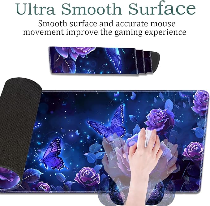 Large Gaming Mouse Pad + Wrist Rest + Lace Coaster Non-Slip Set with Sewn Edges and Waterproof Expandable Desktop Pad Suitable for Office/Home Purple Roses and Butterflies