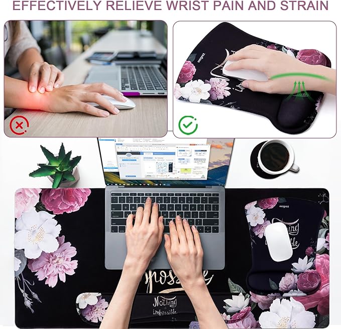 MEGREZ 4-in-1 Ergonomic Memory Foam Wrist Rest Set Desk Pad Mouse Pad with Wrist Rest Keyboard Pad Suitable for Office Workers Programmers &amp Gamers–Relieve Typing &amp Gaming Fatigue Black
