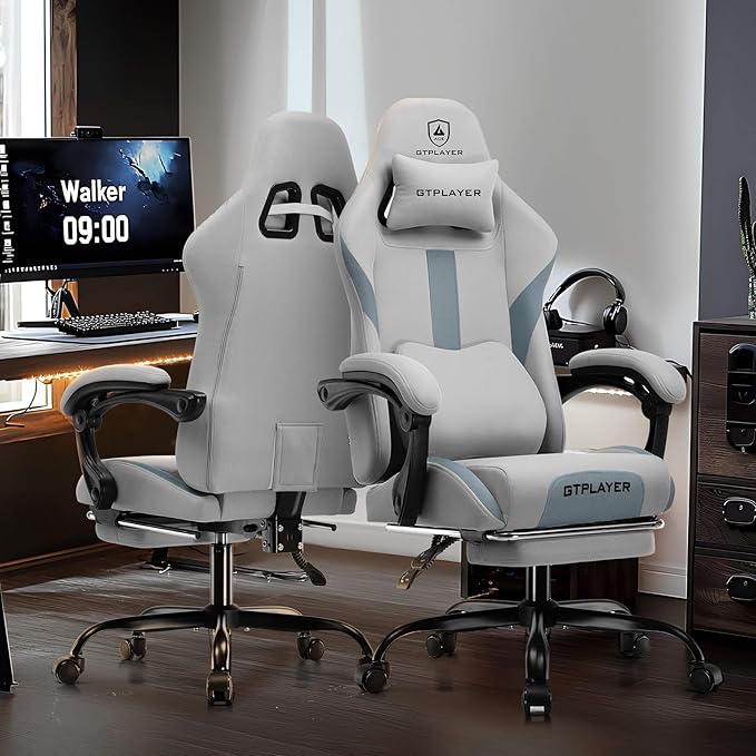 GTPLAYER Gaming Chair with Foot Rest &amp Pocket Spring Cushion Ergonomic High Back Computer Desk Chair with Headrest &amp Lumbar Support for Back Pain Relief Breathable Fabric Mist-Blue