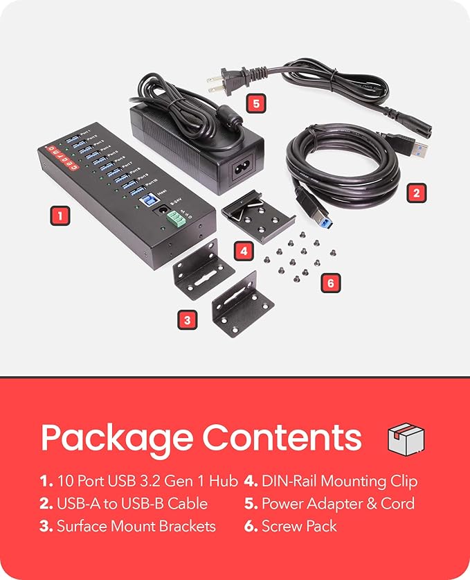 Gearmo USB 3.2 Gen 1 10 Port Industrial Metal Hub w/15KV ESD Protection