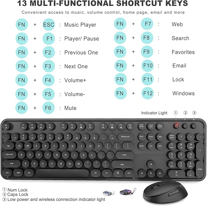 Wireless Keyboard and Mouse Combo Ergonomic Full Size Typewriter Retro Round Keycaps Keyboard Compatible with Windows PC Perfer for Home and Office Keyboards (Black